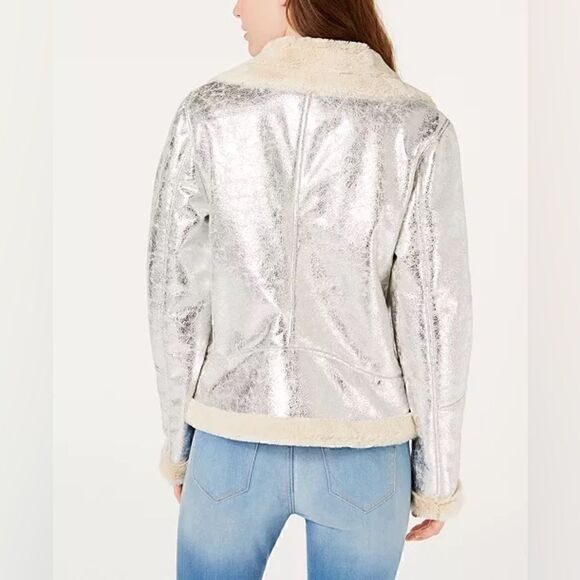 Tommy Hilfiger Metallic Silver Faux Cracked Leather Shearling Coat Jacket - Picture 7 of 7